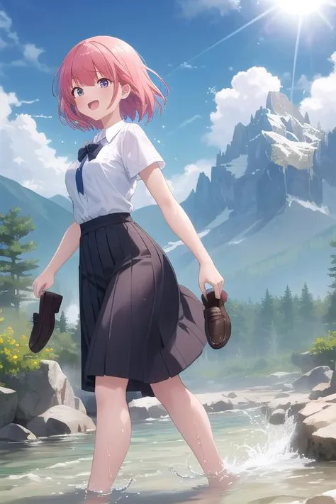 masterpiece,ultra detail,best quality,girl,sunshine,flare,mountain.,river,walking in river,splashing water,holding two loafers <lora:holding:0.8>bare foot