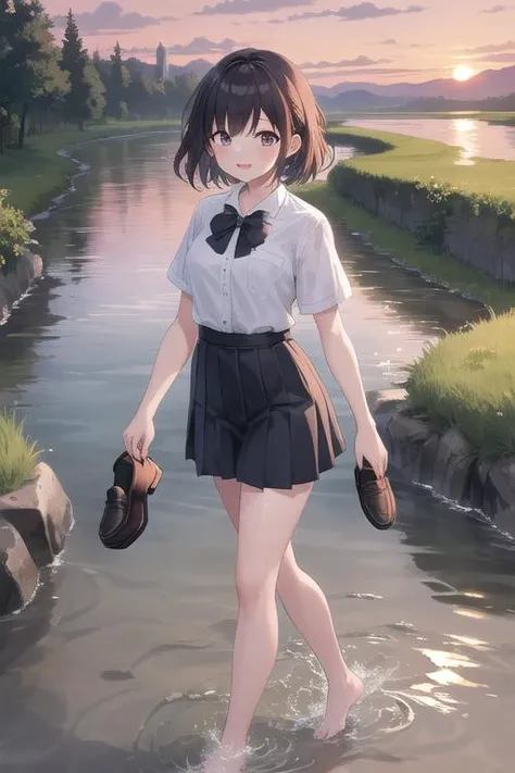 masterpiece,ultra detail,best quality,girl,sunset,river,walking in river,splashing water,holding two loafers <lora:holding:0.7>bare foot