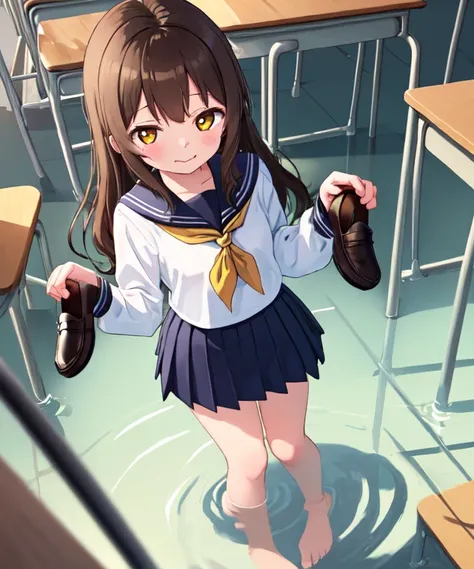 (masterpiece, best quality:1.2) 1girl, wading, water, school uniform, holding dual loafers, brown shoes, long sleeves, yellow neckerchief, brown hair, knees together feet apart, wavy mouth, flooded classroom, solo, closed mouth, standing, [barefoot:6], school desk, wooden floor, (from above:0.8)
<lora:holding-000011:0.8>