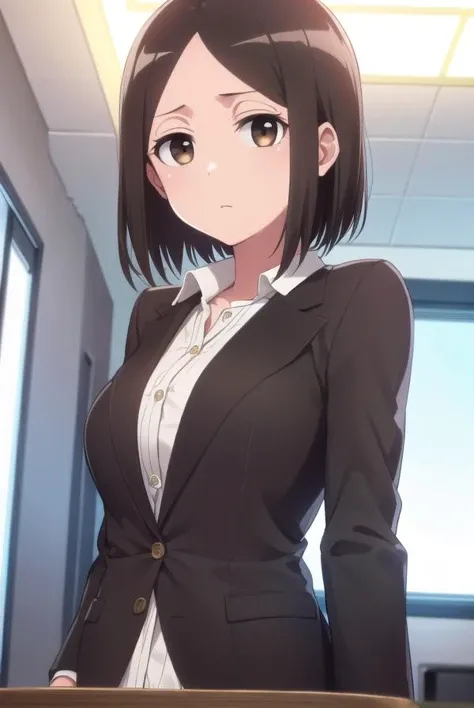 satomitachibana, <lora:satomi tachibana s1-lora-nochekaiser:1>,
satomi tachibana, short hair, black hair, (brown eyes:1.5),
BREAK skirt, shirt, jacket, formal, suit, office lady, skirt suit,
BREAK indoors, classroom,
BREAK looking at viewer,
BREAK <lyco:GoodHands-beta2:1>, (masterpiece:1.2), best quality, high resolution, unity 8k wallpaper, (illustration:0.8), (beautiful detailed eyes:1.6), extremely detailed face, perfect lighting, extremely detailed CG, (perfect hands, perfect anatomy),