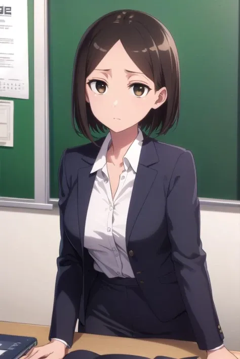 satomitachibana, <lora:satomi tachibana s1-lora-nochekaiser:1>,
satomi tachibana, short hair, black hair, (brown eyes:1.5),
BREAK skirt, shirt, jacket, formal, suit, office lady, skirt suit,
BREAK indoors, classroom,
BREAK looking at viewer,
BREAK <lyco:GoodHands-beta2:1>, (masterpiece:1.2), best quality, high resolution, unity 8k wallpaper, (illustration:0.8), (beautiful detailed eyes:1.6), extremely detailed face, perfect lighting, extremely detailed CG, (perfect hands, perfect anatomy),