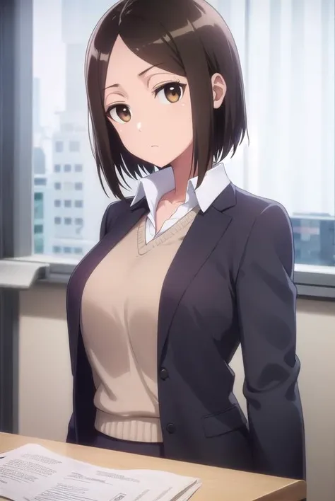 satomitachibana, <lora:satomi tachibana s1-lora-nochekaiser:1>,
satomi tachibana, short hair, black hair, (brown eyes:1.5),
BREAK skirt, shirt, jacket, formal, suit, office lady, skirt suit,
BREAK indoors, classroom,
BREAK looking at viewer,
BREAK <lyco:GoodHands-beta2:1>, (masterpiece:1.2), best quality, high resolution, unity 8k wallpaper, (illustration:0.8), (beautiful detailed eyes:1.6), extremely detailed face, perfect lighting, extremely detailed CG, (perfect hands, perfect anatomy),