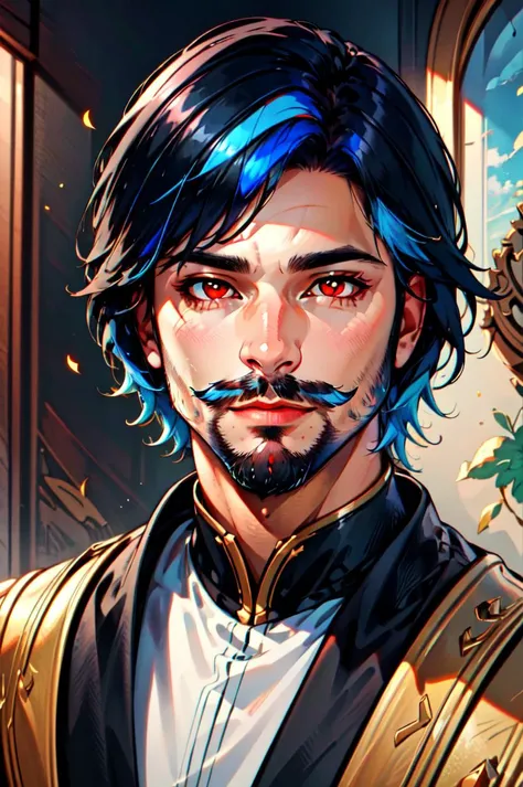 Regality Style, 1boy, artist name, beard, black hair, blue hair, closed mouth, facial hair, indoors, looking at viewer, male focus, medium hair, mustache, portrait, red eyes, shiny, shiny hair, short hair, solo<lora:Regal:0.75>