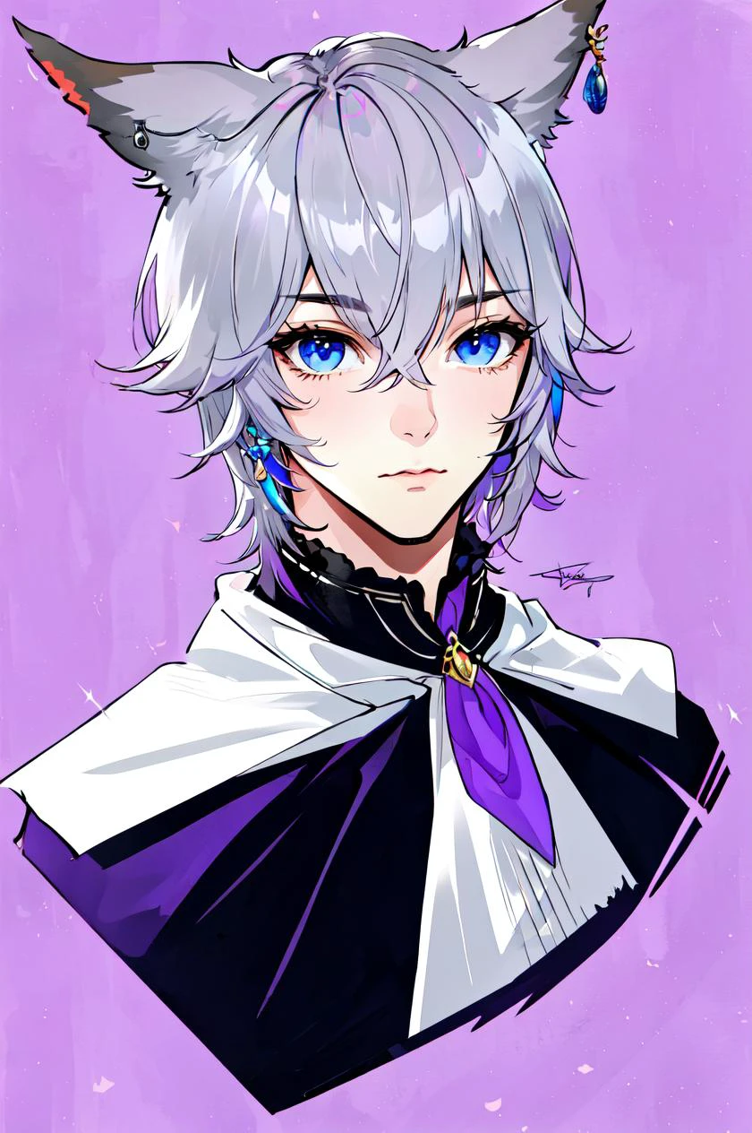 Regality Style, 1boy, animal ears, ascot, blue eyes, cat ears, closed mouth, earrings, grey hair, jewelry, male focus, miqo'te, portrait, purple background, short hair, signature, simple background, solo, upper body <lora:Regal:1>