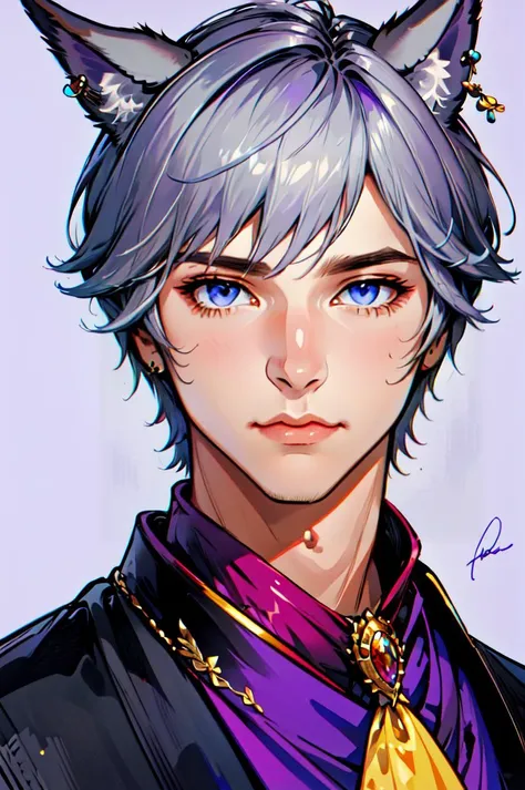 Regality Style, 1boy, animal ears, ascot, blue eyes, cat ears, closed mouth, earrings, grey hair, jewelry, male focus, miqo'te, portrait, purple background, short hair, signature, simple background, solo, upper body <lora:Regal:1>