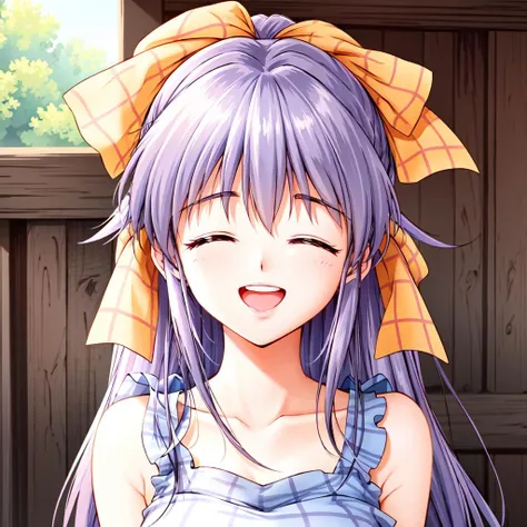 masterpiece,best quality,ultra high res,<lora:NIYUKI:0.7>,gingham dress,yellow hair ribbon,whole head in frame,laughing, happy, eyes closed,