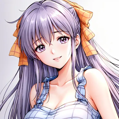 masterpiece,best quality,ultra high res,<lora:NIYUKI:0.7>,gingham dress,yellow hair ribbon,woman,whole head in frame,gentle smile,white background,