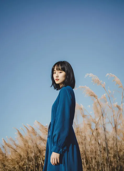 darkfeeling, 1girl, solo, looking at viewer, bangs, black hair, long sleeves, dress, upper body, outdoors, sky, day, medium hair, blue sky, blue dress, <lora:darkfeeling_v2:0.6>