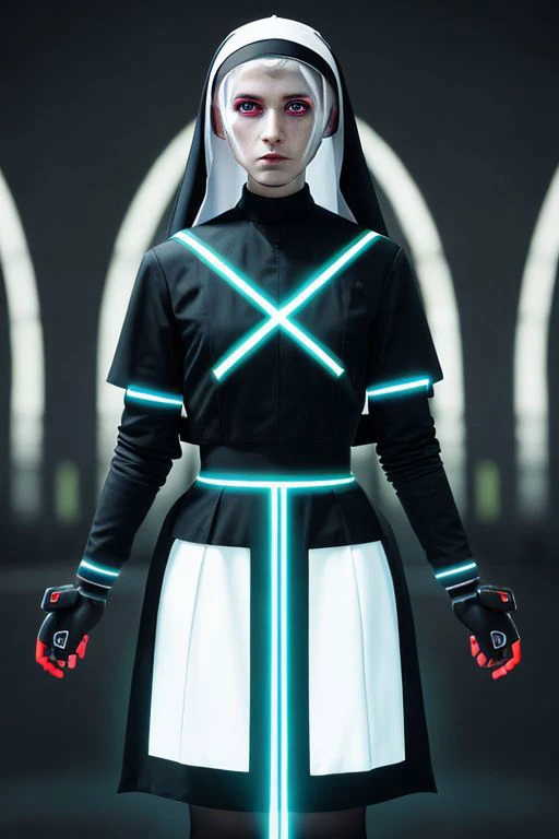best quality, professional raw color photo, ultra detailed, nun of the fututre, technologic , cyber, punk, future, magic, hi-tec, contrast colors,smooth lights