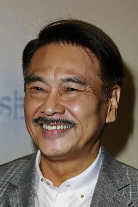 best quality, masterpiece, Asian men,mole, solo, lips, grey_background, mole_under_eye, realistic, upper_body, looking_at_viewer, black_hair, brown_eyes, sweater, forehead, nose, turtleneck, old man, 65 yeas old, <lora:deng_20230612165533:0.8>