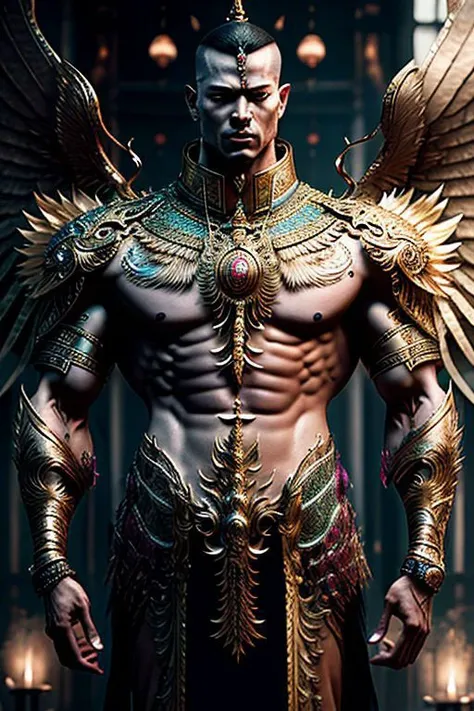 ((((1boy , full shot :1.5)))),(8k, RAW photo, best quality, masterpiece:1.2), (realistic, photo-realistic:1.4), (extremely detailed CG unity 8k wallpaper) , (( photo of handsome male Garud huge body top half of the man. handsome face, The lower half is hummingbird. wearing Haute Couture thai style , detailed intricate ornate armour, Very realistic, decaying, cybernetic, celebration costume, jewellery, adorned with iridescent gems :: standing inside a thai buddhist temple, angel, by thawan duchanee and chalermchai kositpipat stylel :1.4)),((super biggest muscle chest )), ((muscular arms and a broad chest, strong, athletic, muscle:1.3 )), hyper detailed, soft lighting, strong backlight, beautiful lighting , hyperreal, front shot, ((random photorealistic full pose :1.3)),(day scene:1.2) 4k, cinematic, widescreen, zoom out, intricate detail, finely detailed, hyper detailed, insane details, centered, epic composition, smooth, extreamly realistic, cenematic, attractive beautiful, hyper realistic, photographed by Canon EOS 6D Mark II RF