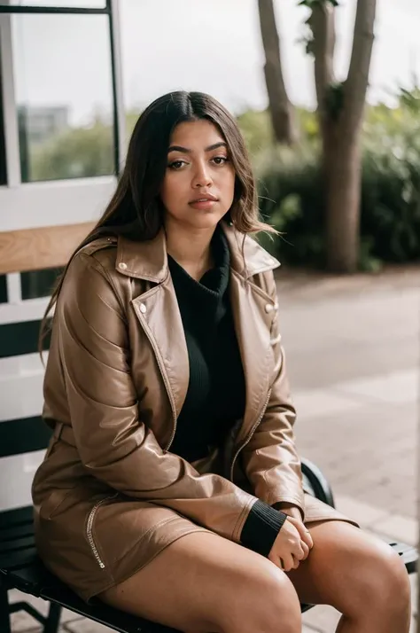 Mahaliav1 sitting on a bench in front of the english underground, portrait shot, seductive expression, elegant pose, winter clothes, mid portrait photography, poised, by Harvey Pratt, by Milton Menasco, film grain