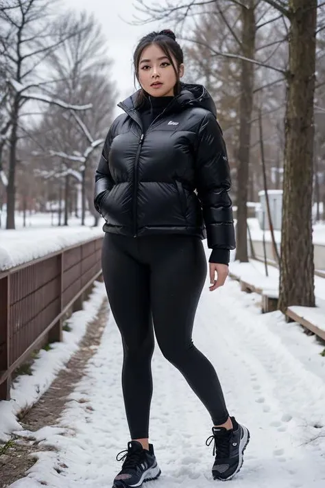 Cute Indonesian 25 year old girl, (realistic skin:1.3), (detailed face), detailed eyes, soft breasts, (8K RAW photo), (high quality), (ultra high resolution), (sharp focus), (photo realistic), depth of field, , in pretty national park, some snow on the ground, wearing white basketball shoes, tight black leggings, very puffy cropped puffer down jacket, very happy , all black clothes, perfect butt, thick thighs, curvy body, thicc body, walking