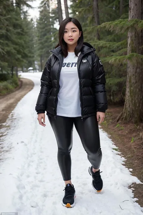 Cute Indonesian 25 year old girl, (realistic skin:1.3), (detailed face), detailed eyes, soft breasts, (8K RAW photo), (high quality), (ultra high resolution), (sharp focus), (photo realistic), depth of field, , in pretty national park, some snow on the ground, wearing white basketball shoes, tight black leggings, very puffy cropped puffer down jacket, very happy , all black clothes, perfect butt, thick thighs, curvy body, thicc body, walking, wet look clothes