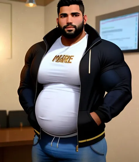 Sameer Najjar, (man 30 year old:1.0), (beard:1.0), (huge:1.1), (fat:1.0), (chubby:1.0), (muscle bodybuilding:1.3), (belly:1.2), (big breast:1.2), (((wearing a jacket:1.0))), (((with t shirt:1.0))), ultra-detailed, film photography, light leaks, Larry Bud Melman, trending on artstation, sharp focus, studio photo, intricate details, highly detailed, by greg rutkowski, ((3d render)), intricately rendered