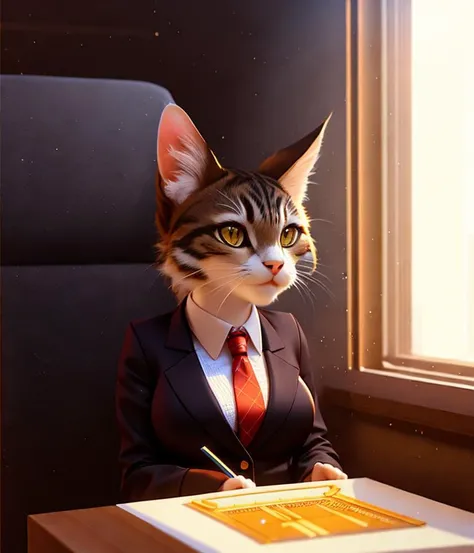 female cat as a businessman, ultra-detailed, film photography, light leaks, Larry Bud Melman, trending on artstation, sharp focus, studio photo, intricate details, highly detailed, by greg rutkowski, ((3d render)), intricately rendered