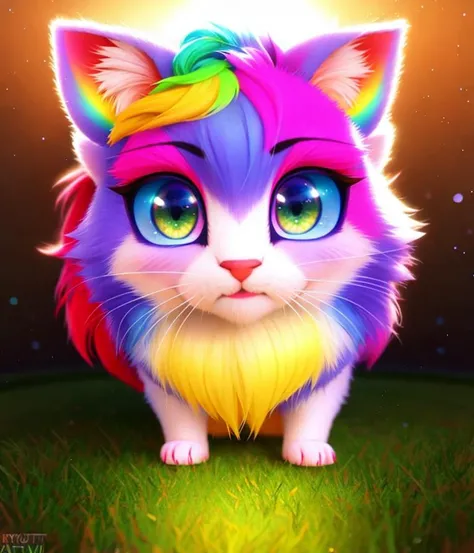 Disney Pixar, exquisite new character, cute fluffy rainbow cat, centered, highly detailed, fluffy, intricate details, beautiful big eyes, maximum cuteness, lovely, adorable, beautiful, flawless, masterpiece, soft dramatic moody lighting, radiant love aura, ultra high quality octane render, hypermaximalist, trending on artstation, Anna Dittmann, Tom Blackwell, Kinuko Y. Craft, 3d render, hyperrealistic