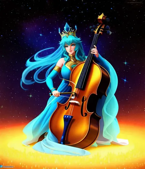 Blissful, Genie Playing a Cello. Arabian Night. Absinthe. Rhapsody. Hallucinogenic. Dreamy. Magical. Imaginative. Thick vibrant strokes of oil paint. Life. starry night. Abstract Beginning of life. detailed aqua eyes, detailed hair. Disney. Vivid color scheme. Oil on canvas, calligraphic brush strokes. Gold leaf, turquoise, royal blue, light blue, aqua. bold beautiful strokes. Colorful Thick oil brush. Infinity Light and color. Fantasy. Afrocentric., epic royal background, big royal uncropped crown, royal jewelry, robotic, nature, full shot, symmetrical, Greg Rutkowski, Charlie Bowater, Beeple, Unreal 5, hyperrealistic, dynamic lighting, fantasy art, ((3d render))