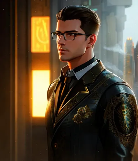 A handsome man with glasses ,mechanical android!, half portrait, intricate detailed environment, photorealistic!, intricate, elegant, highly detailed, digital painting, artstation, smooth, sharp focus, art by artgerm and greg rutkowski and alphonse mucha, trending on artstation, sharp focus, studio photo, intricate details, highly detailed, by greg rutkowski, sharp focus, emitting diodes, smoke, artillery, sparks, racks, system unit, motherboard, by pascal blanche rutkowski repin artstation hyperrealism painting concept art of detailed character design matte painting, 4 k resolution blade runner, 3d render
