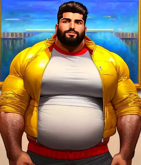 Sameer Najjar, (man 30 year old:1.0), (beard:1.0), (huge:1.1), (fat:1.0), (chubby:1.0), (muscle bodybuilding:1.3), (belly:1.2), (big breast:1.2), (((wearing a jacket:1.0))), (((with t shirt:1.0))), ((modern masterpiece, best quality, highly detailed art), sensual skin, realistic, hyper realism, photorealistic:1.4),