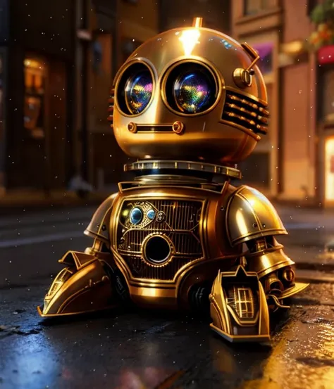 very cute little steampunk robot C-3PO sitting on the ground looking a little rusty and a little damaged left abandoned on a dystopian street in rainy weather lisa frank very nice colors hyper detail hyper realism natural light octa rendering artstation trends sharp focus, studio photo, intricate details, high detail, Greg Rutkowski, cute big circular reflective eyes, Pixar render, unreal engine cinematic smooth, intricate detail, ((3d render))