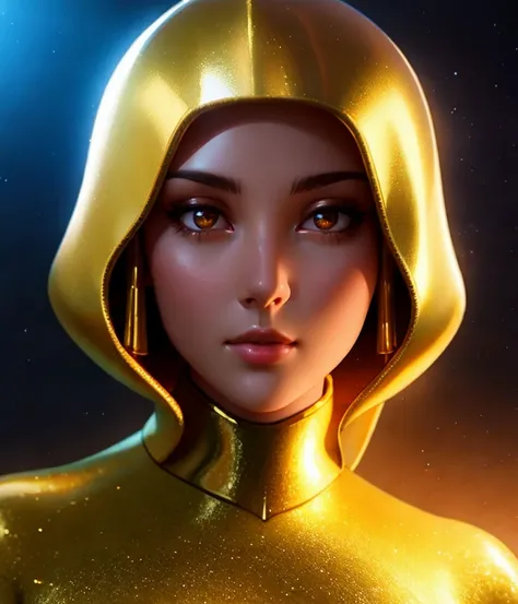 Golden space dust, smooth soft skin, symmetrical, soft lighting, detailed face, concept art, digital painting, looking into camera, 3d rendered, sharp focus,