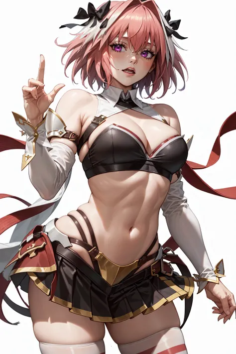 (Masterpiece, Best Quality, Highres:1.4), Detailed, Intricate Details, 4K,
1Girl, Solo, Mature, Standing, (astolfo \(fate\):1.1), (Facing Viewer:1.2), Upper Body,
Pink Hair, Medium Hair, Streaked Hair, Hair Ornament,
Purple Eyes,
Cleavage Cutout, Cleavage, Black Skirt, Striped Thighhighs,
(Large Breasts:1.2),
(White Background, Simple Background:1.4),
<lora:aasAstolfoLora_aaAstolfoV4:1> <lora:NoiseOffset:2>