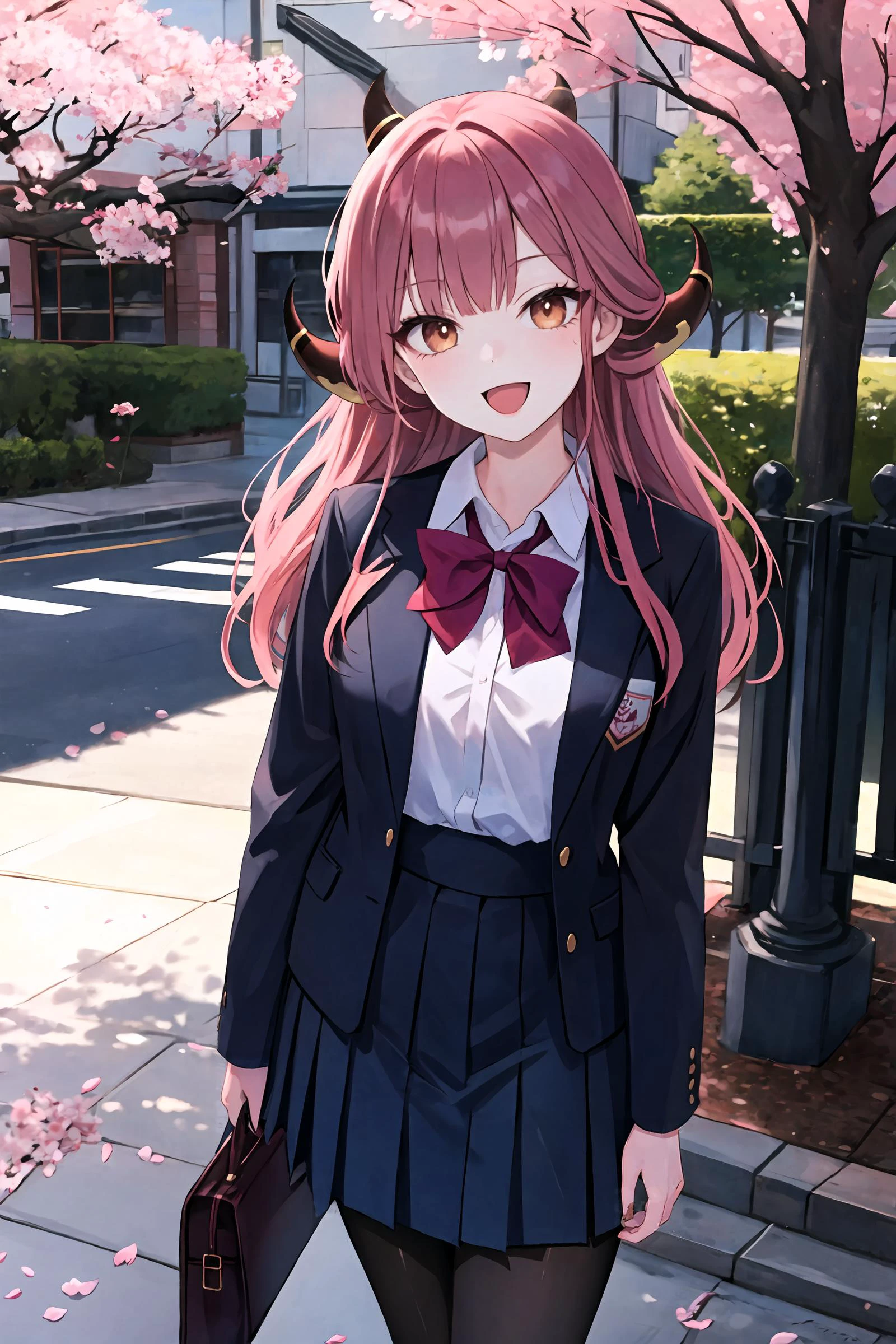 1girl, aru \(blue archive\), horns, solo, school uniform, white collared shirt, sweater, pleated skirt, black pantyhose, light smile, double v, looking at viewer, smile, open mouth, outdoors, street, cherry blossoms, petals, depth of field, masterpiece