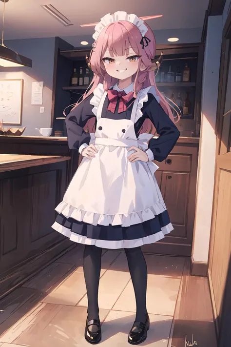 1girl, aru \(blue archive\), horns, solo, maid, maid headdress, maid apron, black pantyhose, hands on hips, looking at viewer, cowboy shot, bar \(place\), indoors, depth of field, <lora:face-smirkingeye:0.7>, smirk, gasping, masterpiece