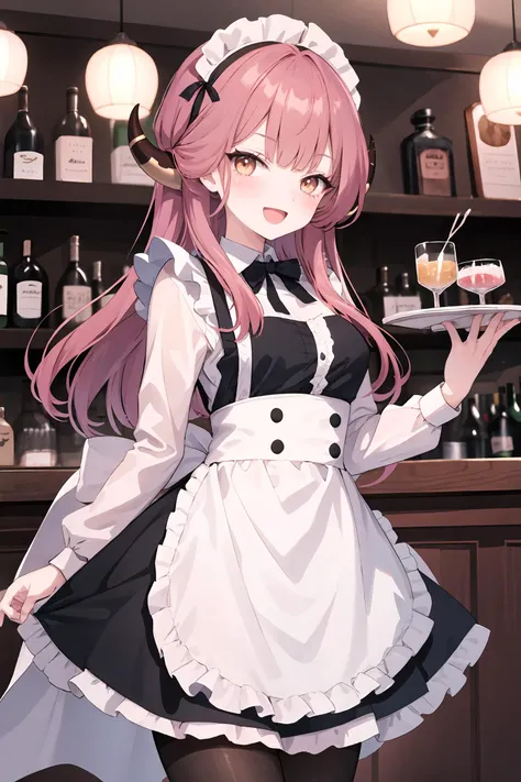 1girl, aru \(blue archive\), horns, solo, maid, maid headdress, maid apron, embarrassed, black pantyhose, open mouth, blush, smile, open mouth, holding plate, looking at viewer, cowboy shot, bar \(place\), indoors, depth of field, masterpiece