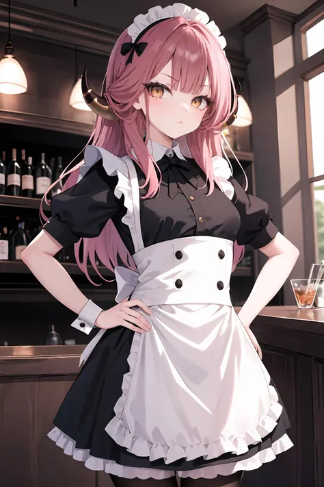 1girl, aru \(blue archive\), horns, solo, maid, maid headdress, maid apron, pout, black pantyhose, hands on hips, looking at viewer, cowboy shot, bar \(place\), indoors, depth of field, masterpiece