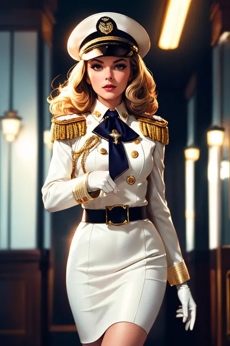 cinematic film still 1girl, solo, adult beautiful woman Person_VeraEllen, (((admiral costume))), determined, stoic, admiral hat, gold epaulets, white military jacket, white shirt, ascot, pencil skirt, white gloves, leather belt, (medals:1.2),(insignia), shiny black boots, . shallow depth of field, vignette, highly detailed, high budget, bokeh, cinemascope, moody, epic, gorgeous, film grain, grainy