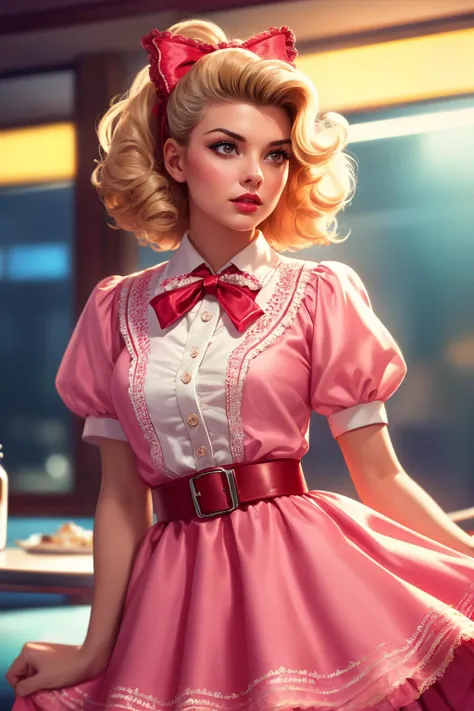 cinematic film still 1girl, solo, adult beautiful woman Person_VeraEllen, blode hair,best quality, high detail, standing, 50s fashion, ((voluminous embroidered hemmed petticoat poodle skirt)), cotton, lace, ((shirtdress)), (hair ribbon),(belt), strict, high ponytail classic diner background, nostalgic vibe, bright colors, cinemascope, detailed, 8k resolution,, . shallow depth of field, vignette, highly detailed, high budget, bokeh, cinemascope, moody, epic, gorgeous, film grain, grainy