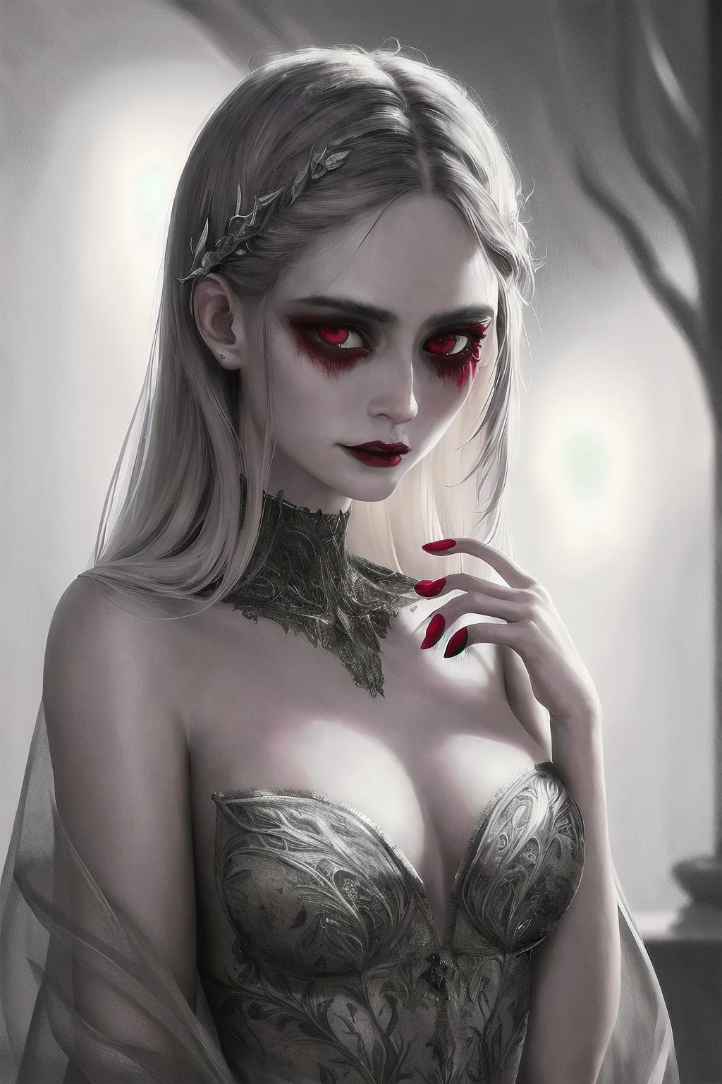 a pale lithe vampire walking in the woods. moonlight. ballgown. blood red. <lora:realistic_quality-realistic_quality_leco_-_v1.0:0.7>. detailed skin, skin pores. overalldetail-detail_++_-_overall_detail, intricate details, highly detailed, intricate eyes, detailed skin, intricate hair, realistic, skin pores