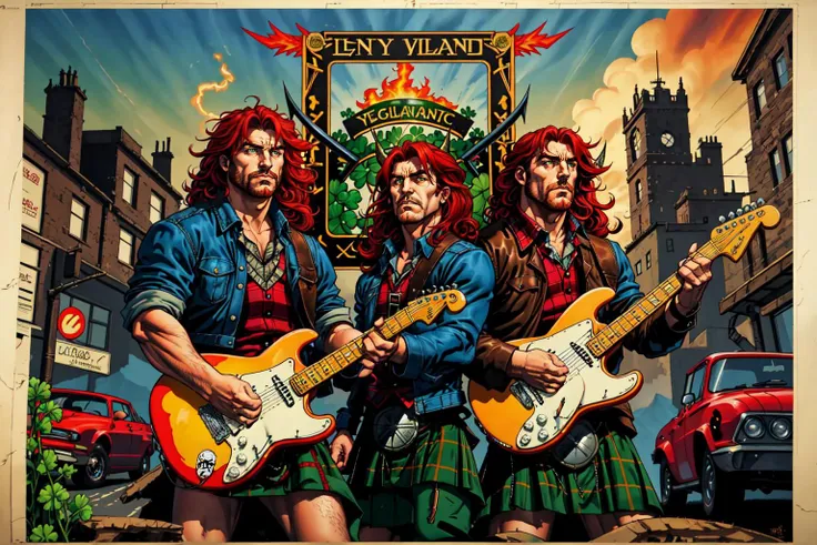 Irish, 1boy, male focus, red hair, beard, long curly hair, mullet, long plaid scottish kilt, tartan theme, red plaid leather jacket, fender electric guitar, heavy metal concert, 4 leaf clovers, celtic metal band, masculine, devil horns, scotland highlands, vintage cars, poster, (masterpiece, best quality)