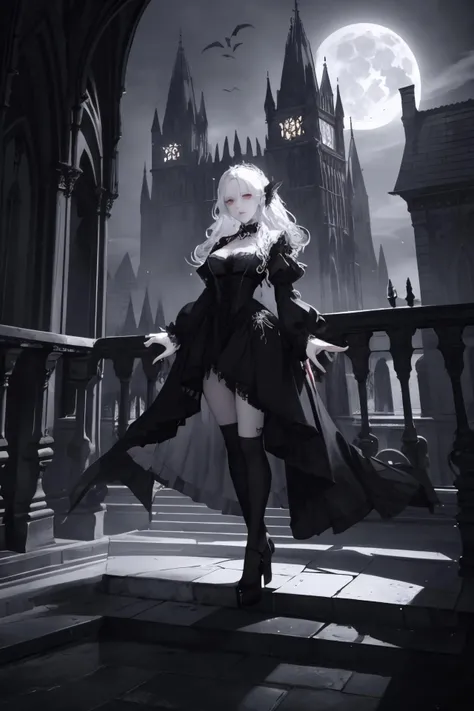 a beautiful gothic vampire. standing on a balconly under the moon. eerie. volumetric light, high dynamic range.