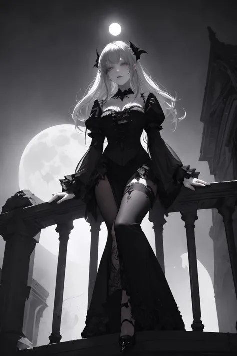 a beautiful gothic vampire. standing on a balconly under the moon. eerie. volumetric light, high dynamic range.