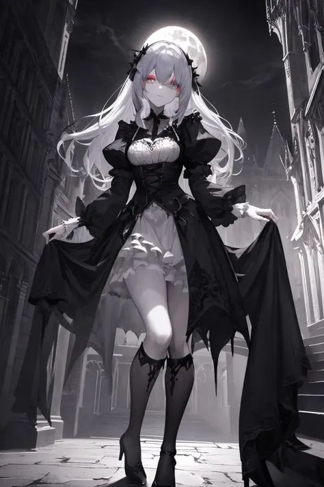 a beautiful gothic vampire. standing on a balconly under the moon. eerie. volumetric light, high dynamic range.