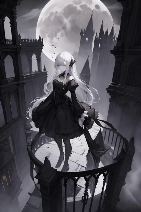 a beautiful gothic vampire. standing on a balconly under the moon. eerie. volumetric light, high dynamic range.