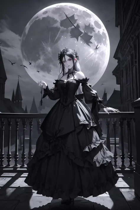 a beautiful gothic vampire. standing on a balconly under the moon. eerie. volumetric light, high dynamic range.