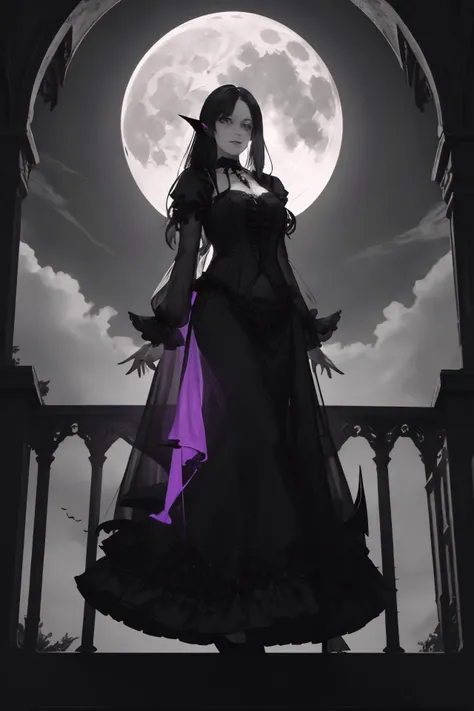 a beautiful gothic vampire. standing on a balconly under the moon. eerie. volumetric light, high dynamic range.