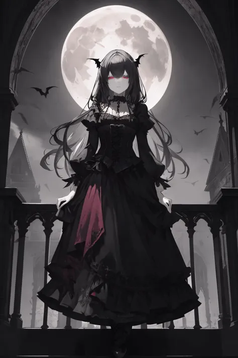 a beautiful gothic vampire. standing on a balconly under the moon. eerie. volumetric light, high dynamic range.