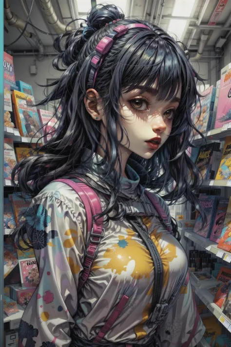 Style: misc-manga,"manga style. An teen audacious goth girl at the comic store in wonder at the displays, vibrant, high-energy, extremely detailed, iconic, Japanese comic style" <lora:add_detail:1> <lora:epi_noiseoffset2:1> <lora:Elixir-SD15-Enhancer:1>   <lora:Cosmic anime-oil fusion v2:1> <lora:MurkyStyle:.4><lora:Duskfall_InkPunk-v208:.3>