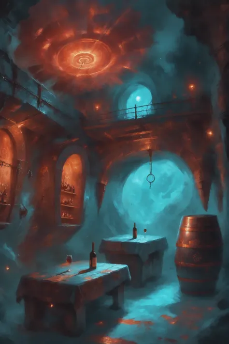 digital painting, duotone red and turquoise, glowing runes, Wine and ale cellar \(room\) in a whimsical,solemn scifi cloud city outside of the multiverse<lora:EnvyStarlightSurreality01:1.2>