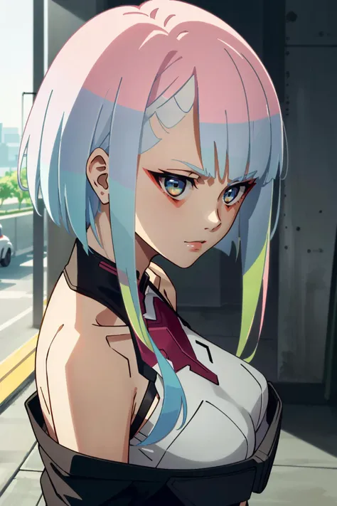 ((masterpiece, best quality))
<lora:EdgerunnersLucy:0.9>
EdgerunnersLucy, 1girl, solo, multicolored hair, asymmetrical hair, High angle shot