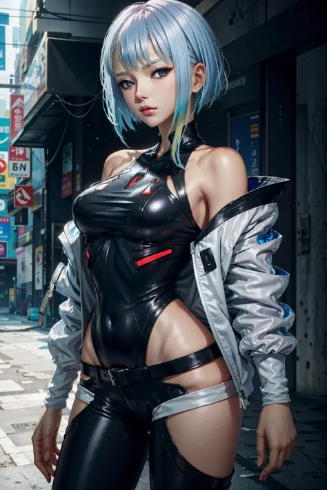 LucyEdge, 1girl, lucy (cyberpunk), solo, breasts, jacket, leotard, looking at viewer, bangs, multicolored hair, bare shoulders, short hair, open clothes, shorts, medium breasts, open jacket, highleg leotard, blue eyes, black leotard, off shoulder, arm up, highleg, hip vent, blue hair
<lora:epi_noiseoffset2:1>, <lora:LucyEdge:0.7>