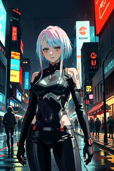 ((masterpiece, best quality))
 <lora:EdgerunnersLucy:0.9>
EdgerunnersLucy, 1girl, solo, multicolored hair, asymmetrical hair, beneath the neon lights of a cyberpunk city, in a futuristic bodysuit, on a rain-soaked street