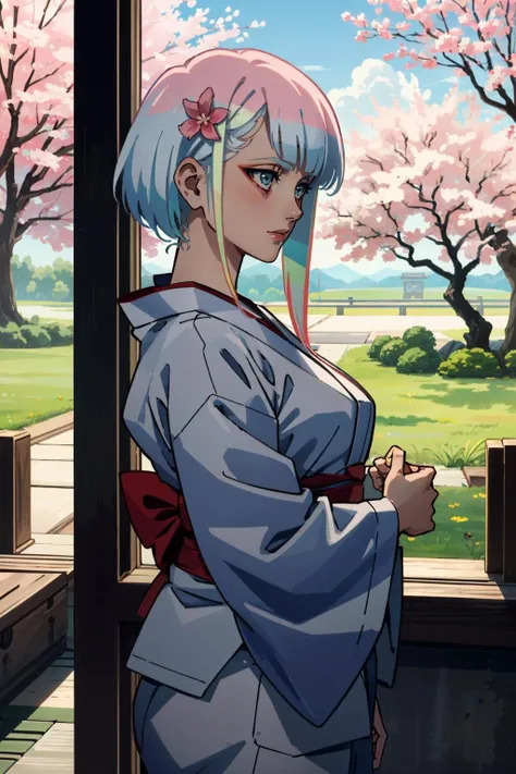 ((masterpiece, best quality))
<lora:EdgerunnersLucy:0.9>
EdgerunnersLucy, 1girl, solo, multicolored hair, asymmetrical hair, yukata, japan, cherry blossoms, hair ornament
