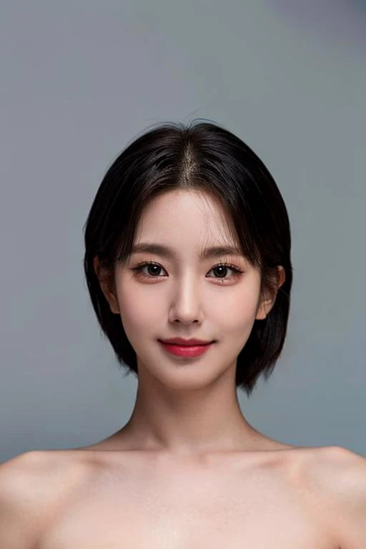 (masterpiece, top quality, best quality, (close-up photograph: 2), ((1girl)), fair skin, (((closed lips))), (extremely detailed face), looking straight, ultra-detailed eyes and pupils, ((bare pectorals)), ((bare chest)), bare head, nude dress, (((bare shoulders))), symmetrical frame, ((strapless)), (((smile))), ((symmetrical pose)), looking at viewer, (((looking at viewer))), (symmetrical face: 1.6), 35mm, simple background, ((studio lighting)), no watermark, ((short hair)), <lora:miyeonlorashy:1>