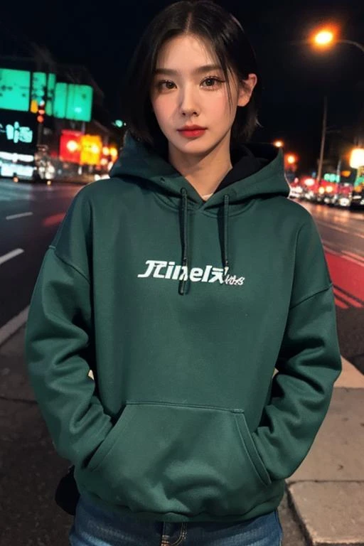 Masterpiece, (best quality:1.4), ultra high res, master photography, professional color grading, depth of fields, rule of third, 50mm, film grain, (photorealistic:1.4), cinematic lighting, chromatic abberation, 1girl, short hair, wearing grey hoodie, streetwear, hypebeast, detailed face, detailed eyes, flat chest, looking at viewer, front view, cowboy shot, Hong Kong street background, night, city light, blurry background, sfw